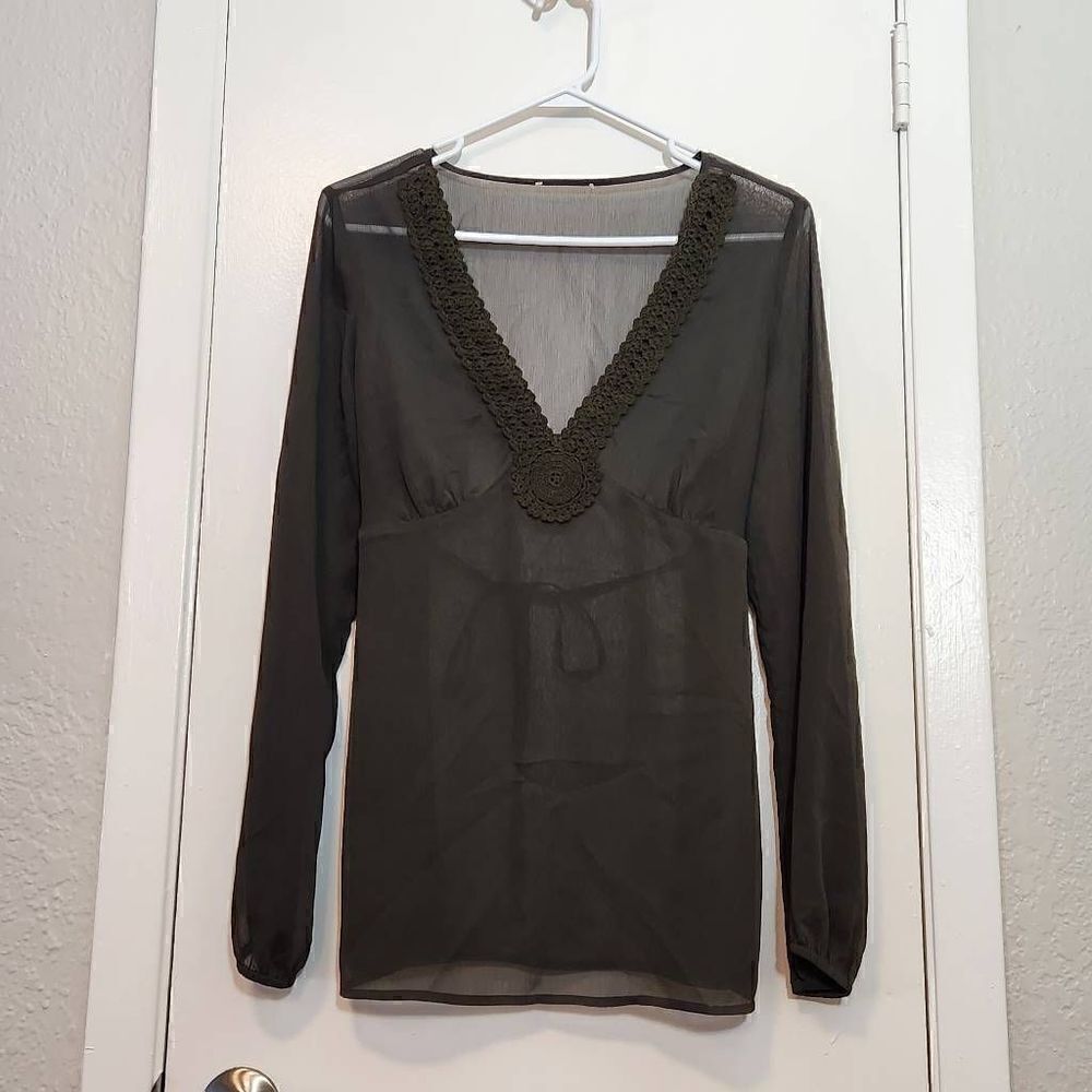 Sheer lantern sleeve v-neck peasant top